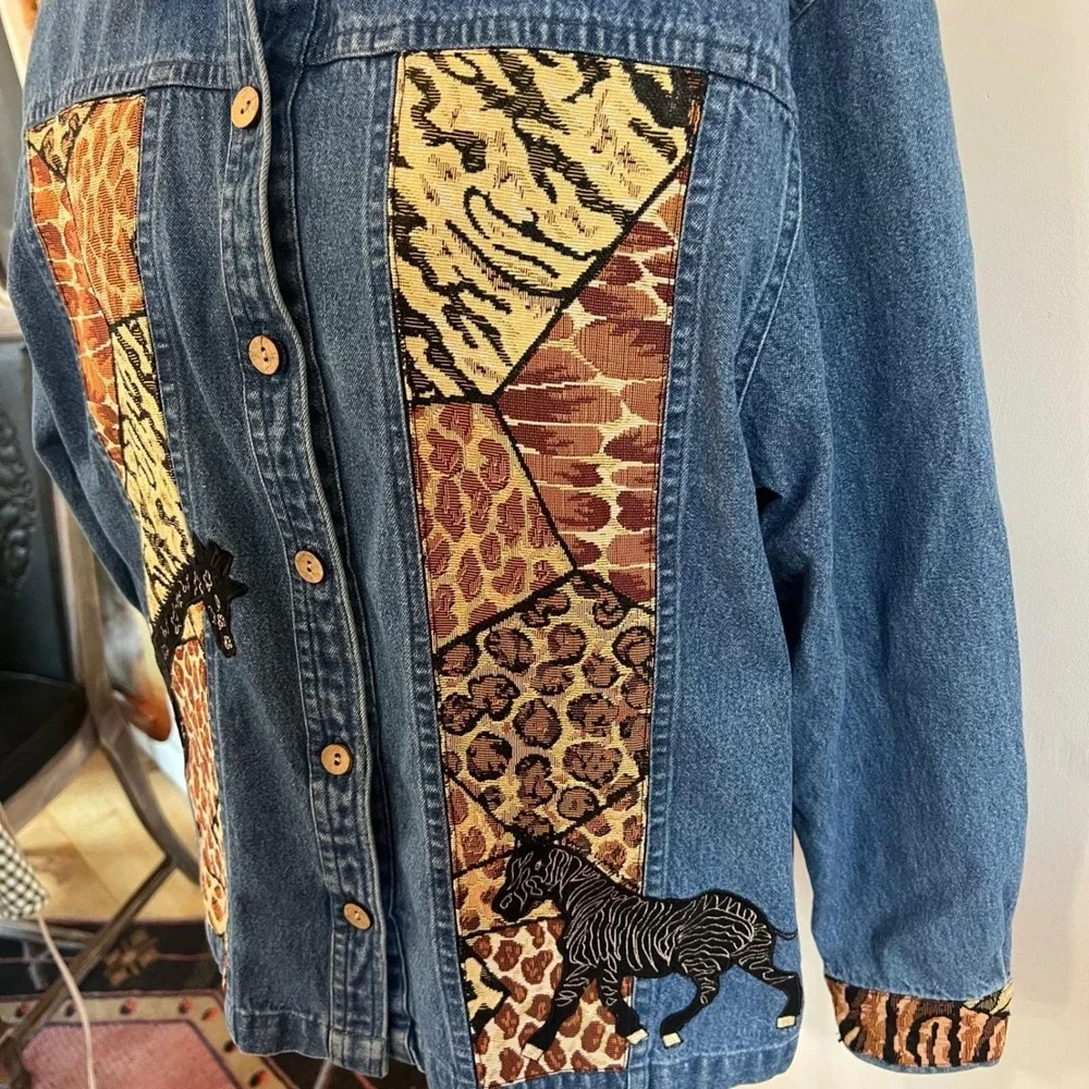 Vintage TanTrums Blue Cotton Denim Patchwork Animal Print Safari Jacket Medium
